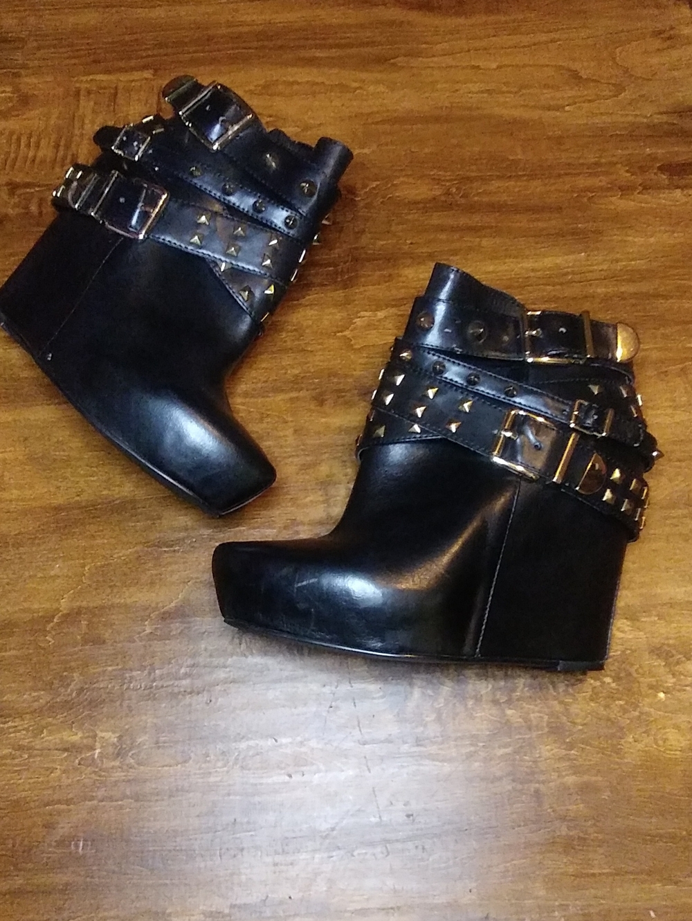 BCBGeneration Black Studded Wedge Ankle Boots with Buckle Straps